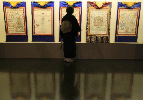 7月11日，觀眾在日本北海道近代美術館舉行的“圣地西藏珍寶展”上觀看關于醫(yī)學的唐卡。當天，介紹西藏文化藝術的“圣地西藏珍寶展”在北海道首府札幌開幕。展覽展出了中國西藏自治區(qū)博物館和布達拉宮等地珍藏的123件珍貴文物，其中包括36件國家一級文物。札幌的展出將持續(xù)到8月23日，之后還將在東京、大阪和仙臺進行巡回展出。 新華社記者任正來攝