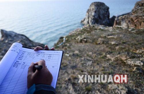 青海湖國家級自然保護區(qū)管理局工作人員在記錄鳥類觀測數(shù)據(jù)。新華社　張宏祥　攝