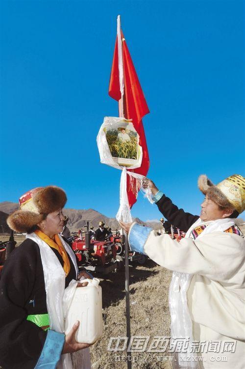 開耕儀式上，桑珠林村村民向領(lǐng)袖像敬獻(xiàn)潔白的哈達(dá)，祝福祖國繁榮昌盛。記者 旦增 攝
